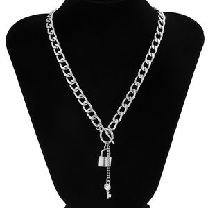 Chunky Silver Tone Rhinestone Key Charm Chain Lock and Key Toggle Necklace